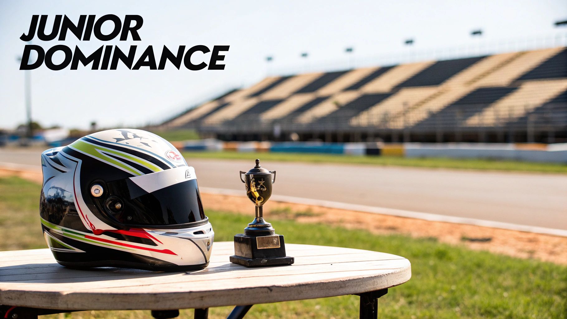 A racing helmet and a gold trophy on a wooden table beside a race track and grandstands.