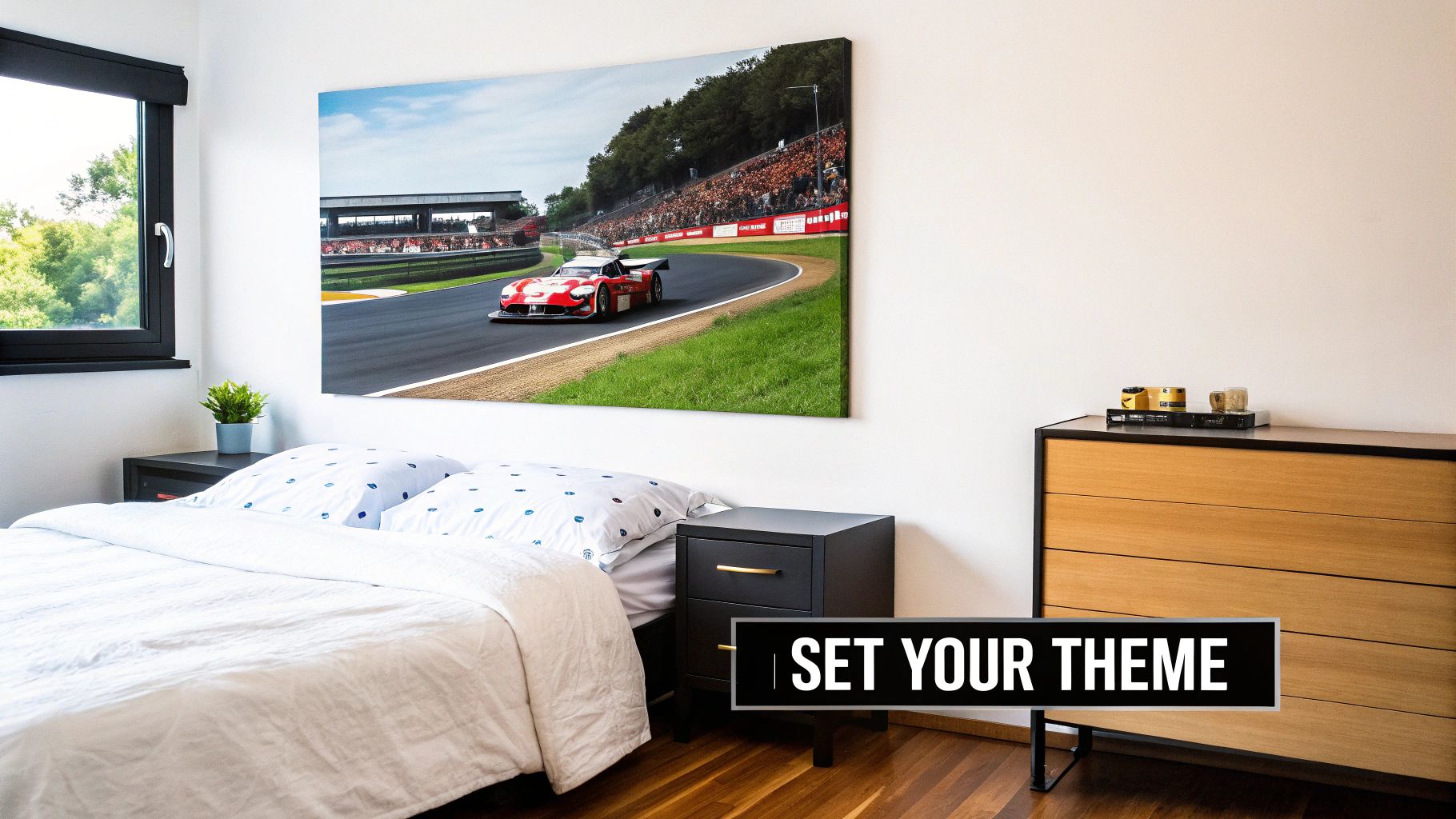 A modern bedroom with a large canvas print of a red race car on a track above a white bed.