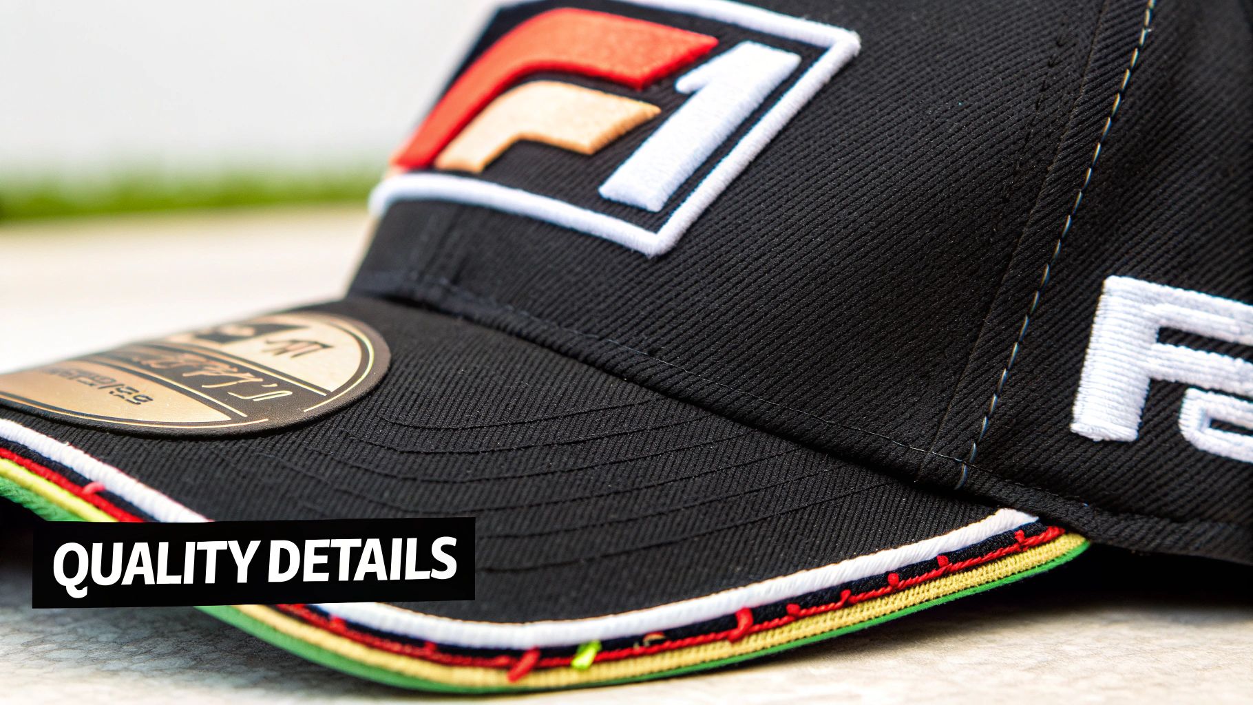 Close-up of a black Formula 1 cap featuring an embroidered F1 logo and colorful brim stitching.
