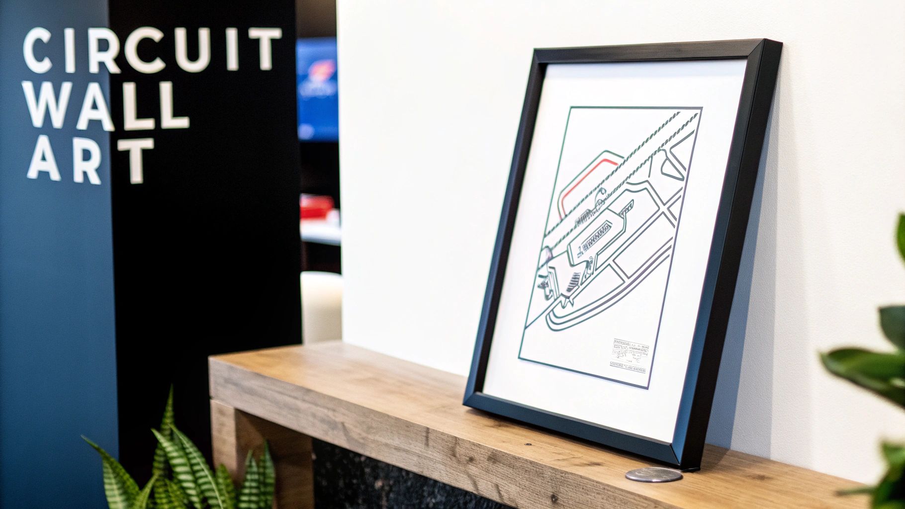 A framed circuit map art print rests on a wooden shelf next to a wall featuring “CIRCUIT WALL ART”.