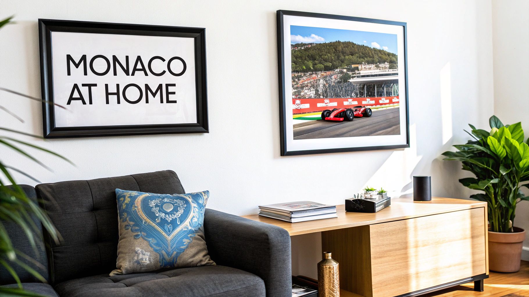 Modern living room with framed Monaco artwork and a print of a red race car on a track.