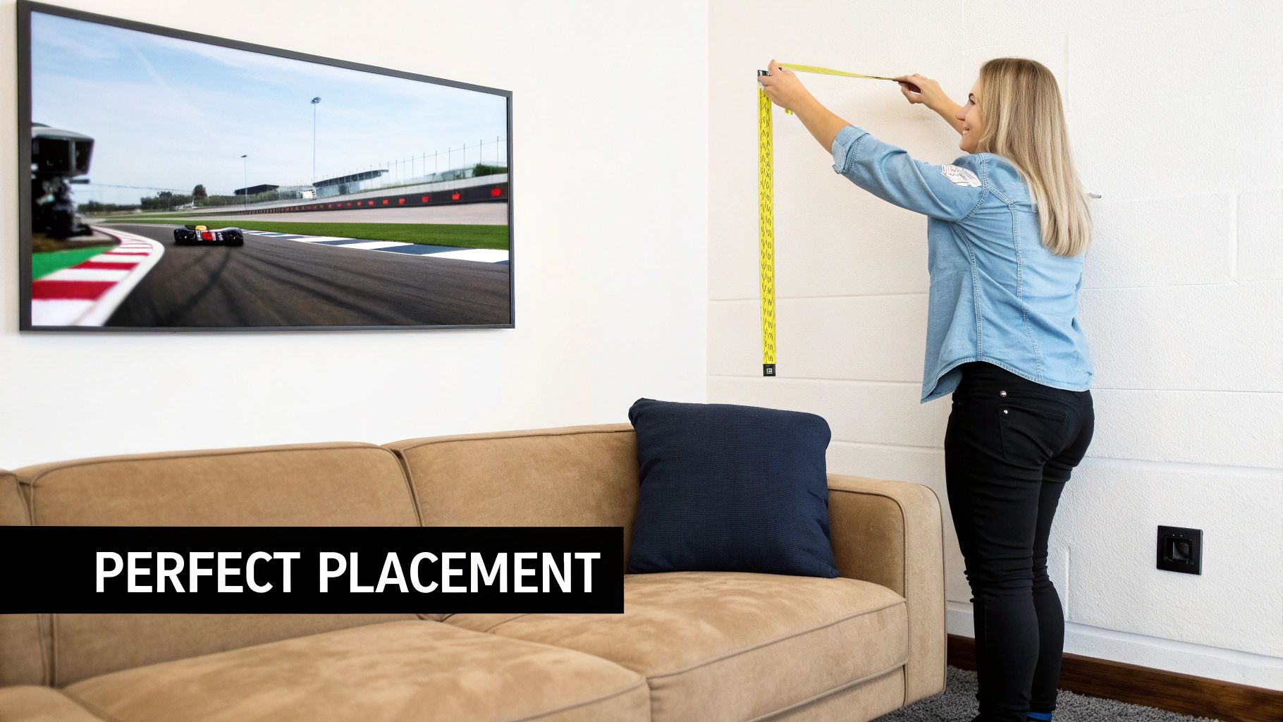 A woman measures a white wall next to a large TV displaying an F1 race and a brown sofa.