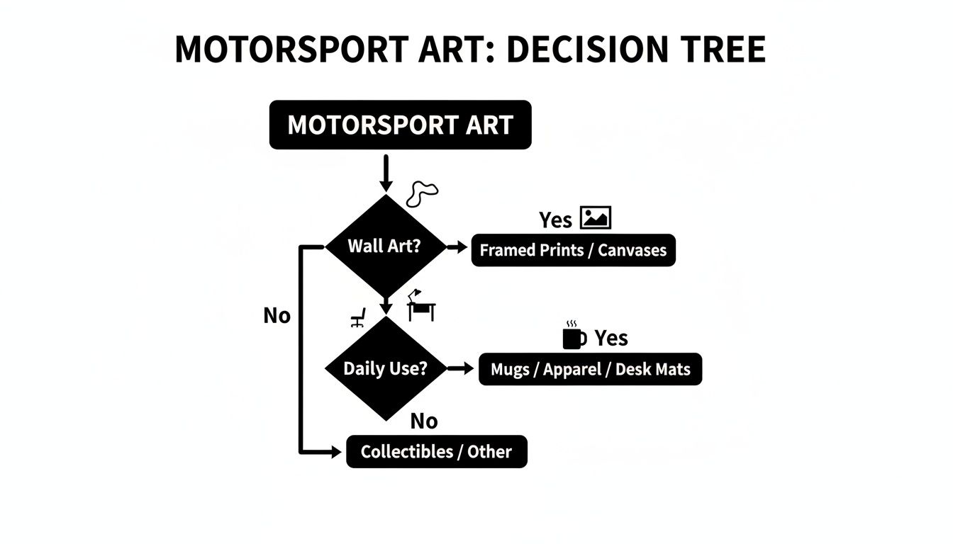 Decision tree outlining motorsport art options based on wall art, daily use, or collectibles.