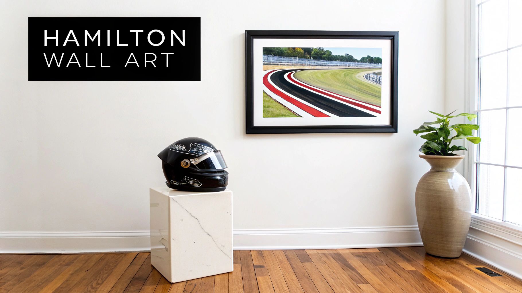 A modern room showcasing Hamilton Wall Art, a black racing helmet, and a framed race track photo.