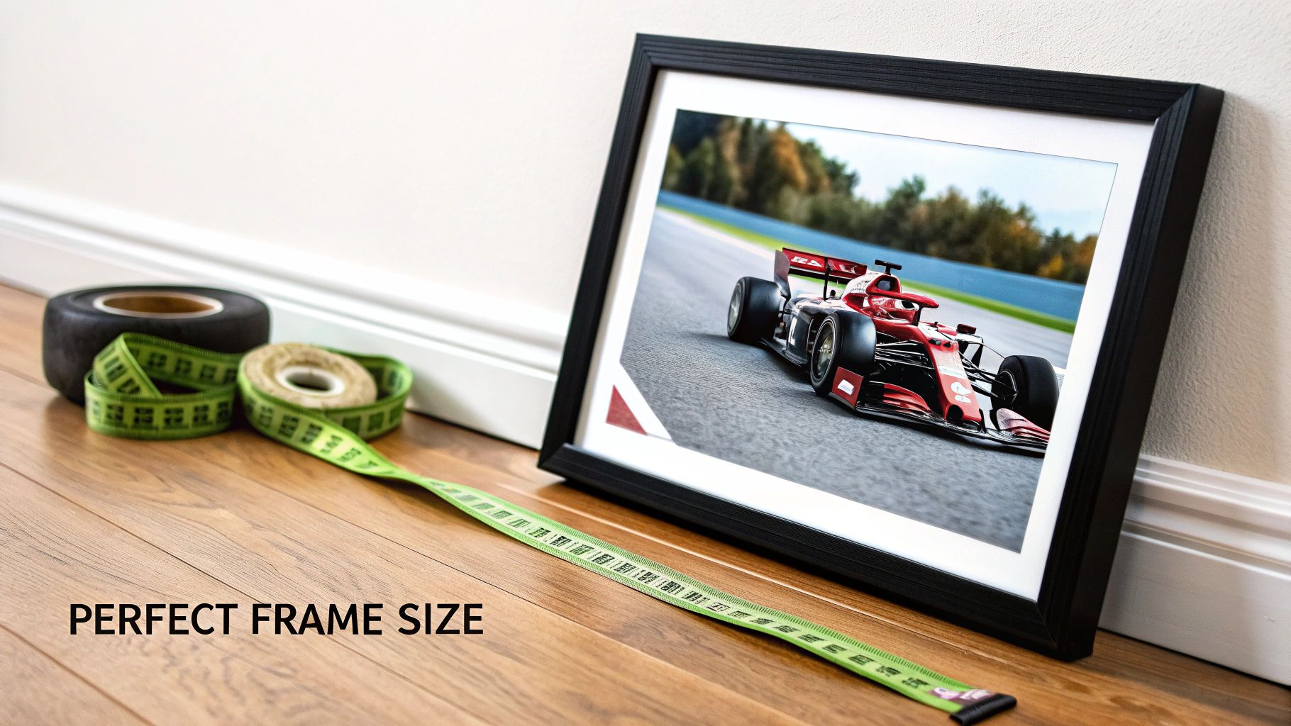 A framed picture of a red Formula 1 car on a wooden floor with a measuring tape, emphasizing frame size.