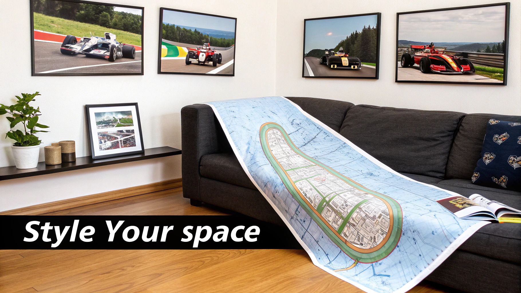 A cozy living room corner with framed Formula 1 race car wall art, a dark gray sofa, and a race track blanket.