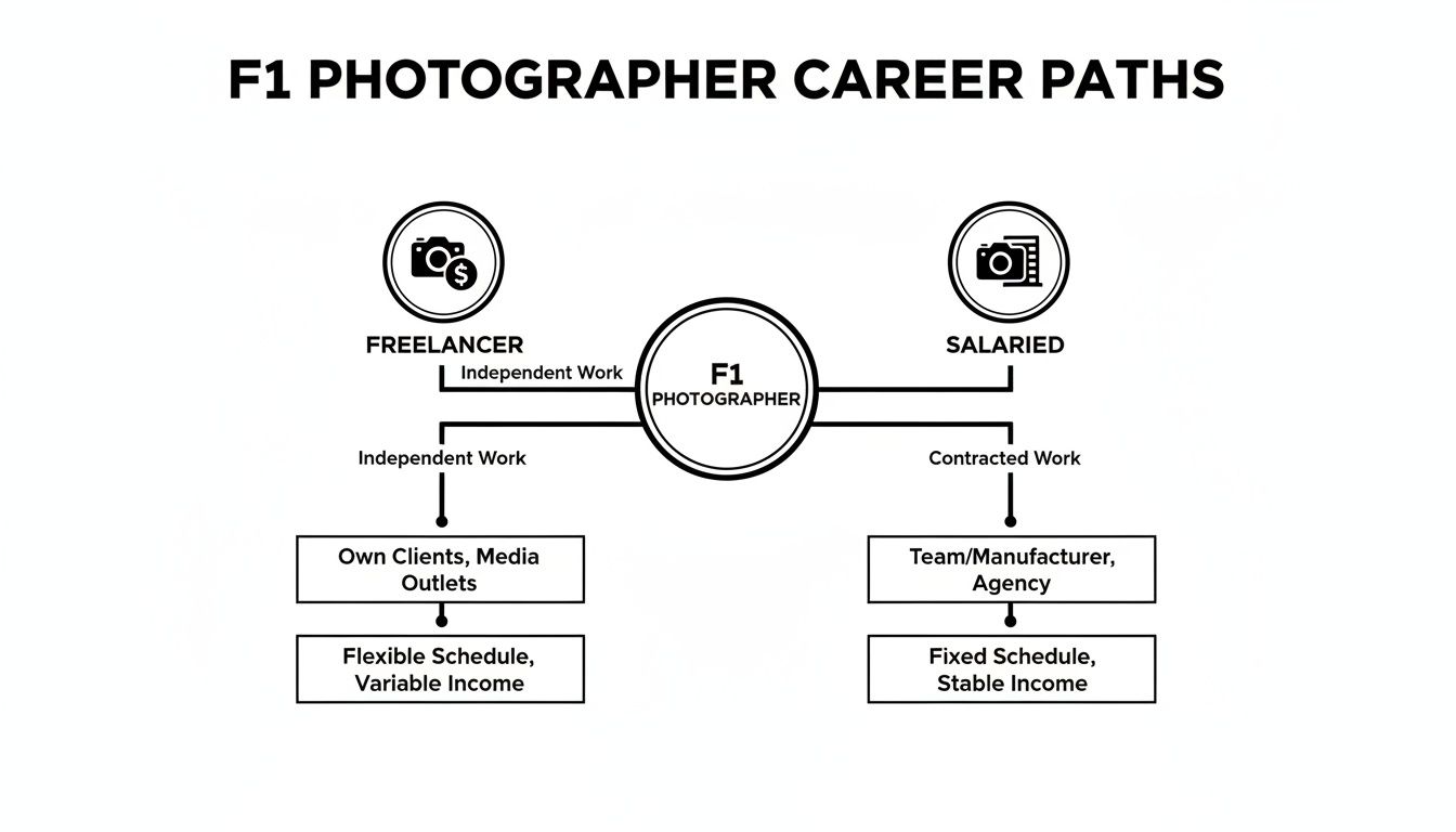 A diagram outlining two career paths for an F1 photographer: Freelancer and Salaried roles.