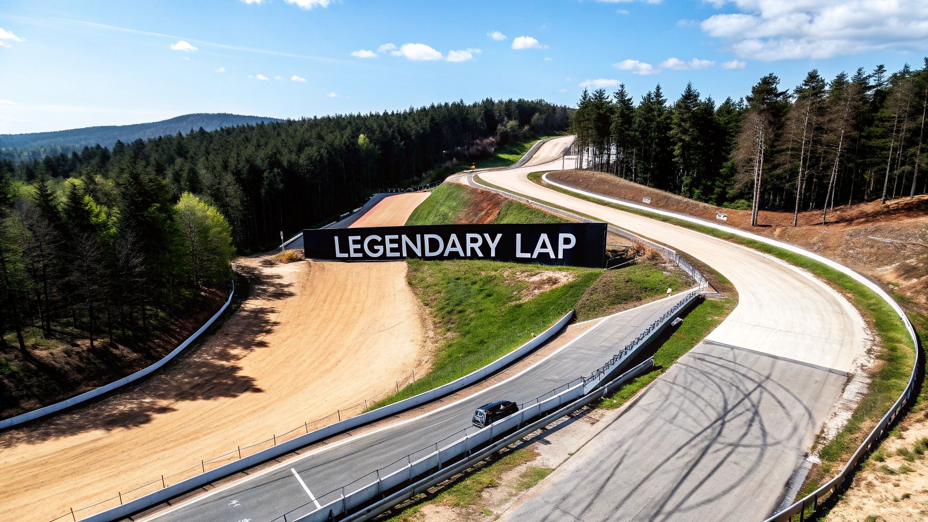 Aerial shot of a winding race track through a forest, featuring a large 'LEGENDARY LAP' sign.