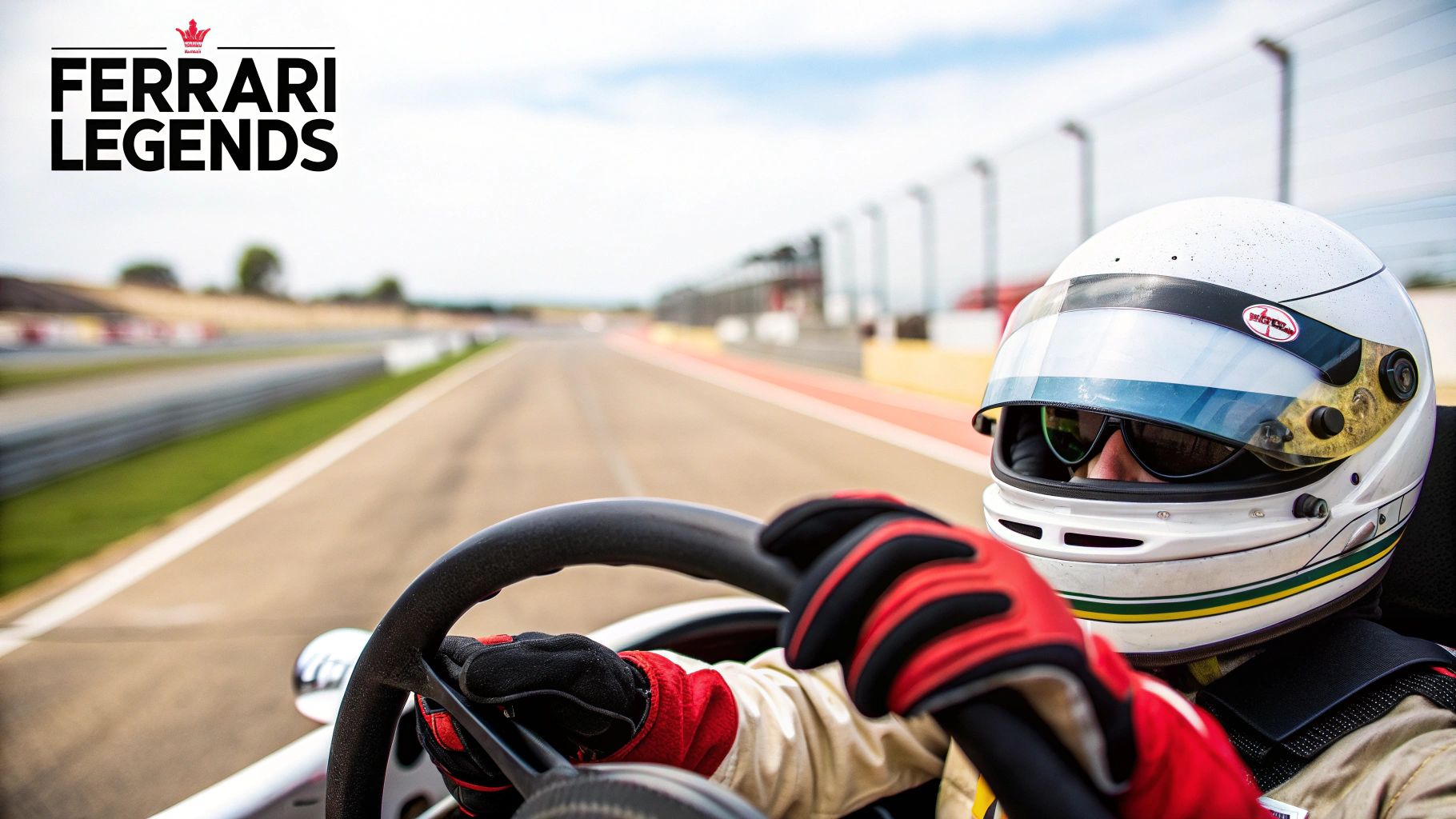 Close-up of a racer in a white helmet and red gloves, driving on a sunny race track, with 'Ferrari Legends' logo.