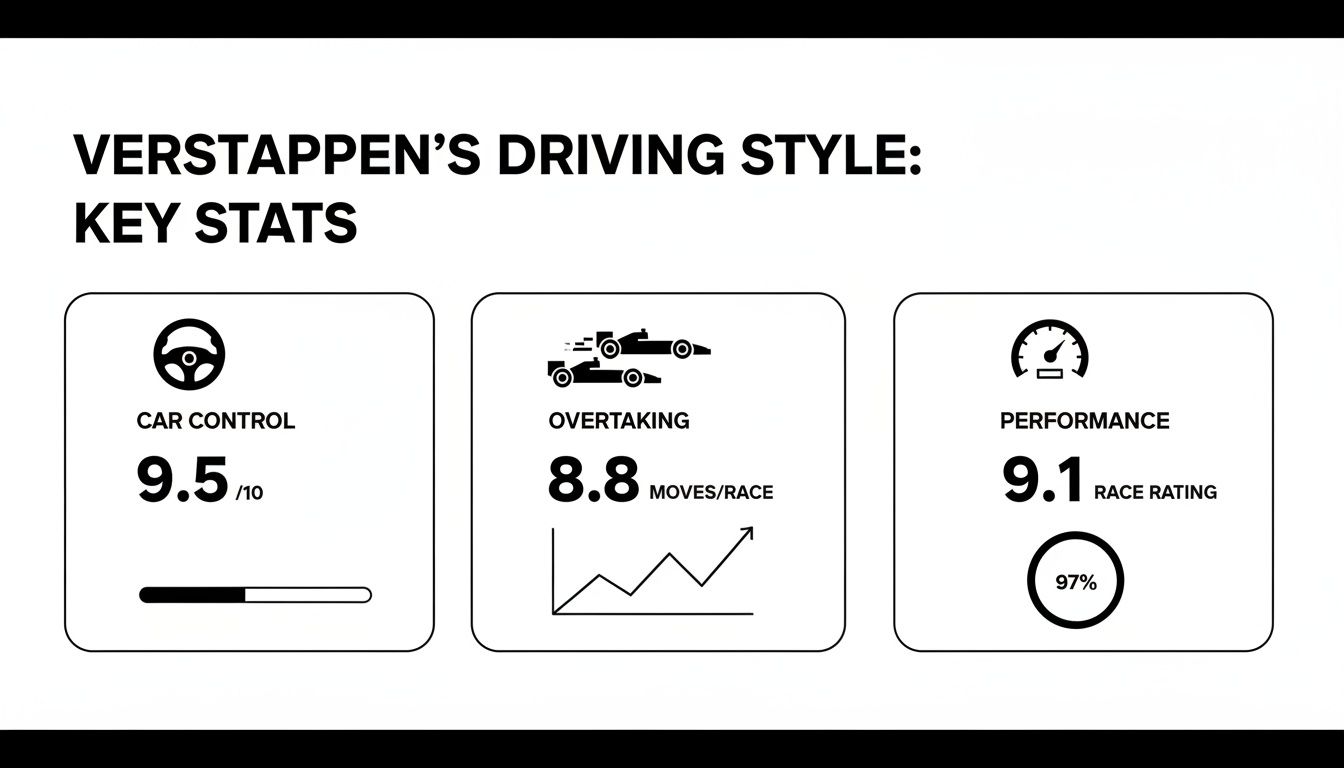 Max Verstappen's driving style key stats for car control, overtaking, and performance ratings.