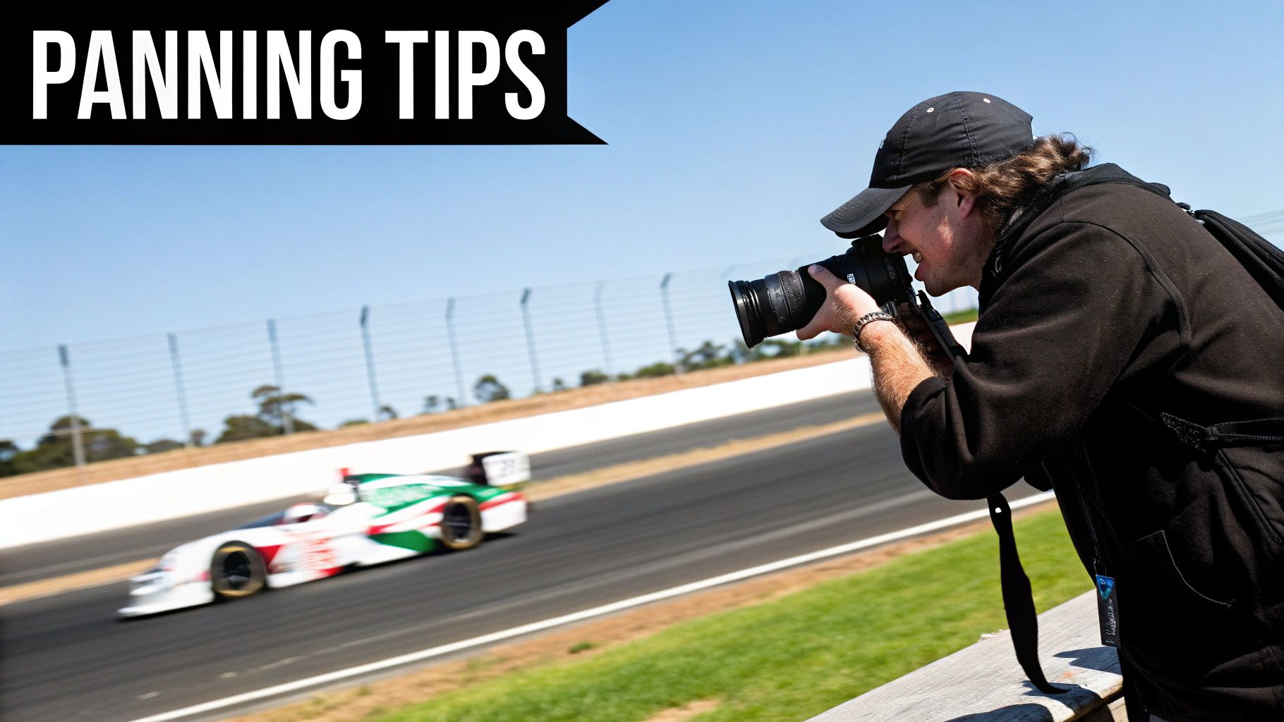 A photographer uses panning technique to capture a speeding race car on a sunny track, with "PANNING TIPS" text overlay.