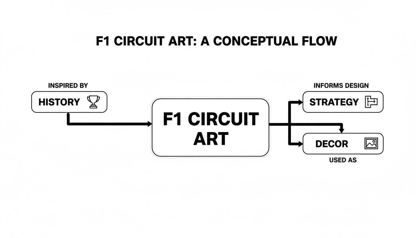 A conceptual flow diagram showing F1 Circuit Art inspired by history, informing design strategy, and used as decor.