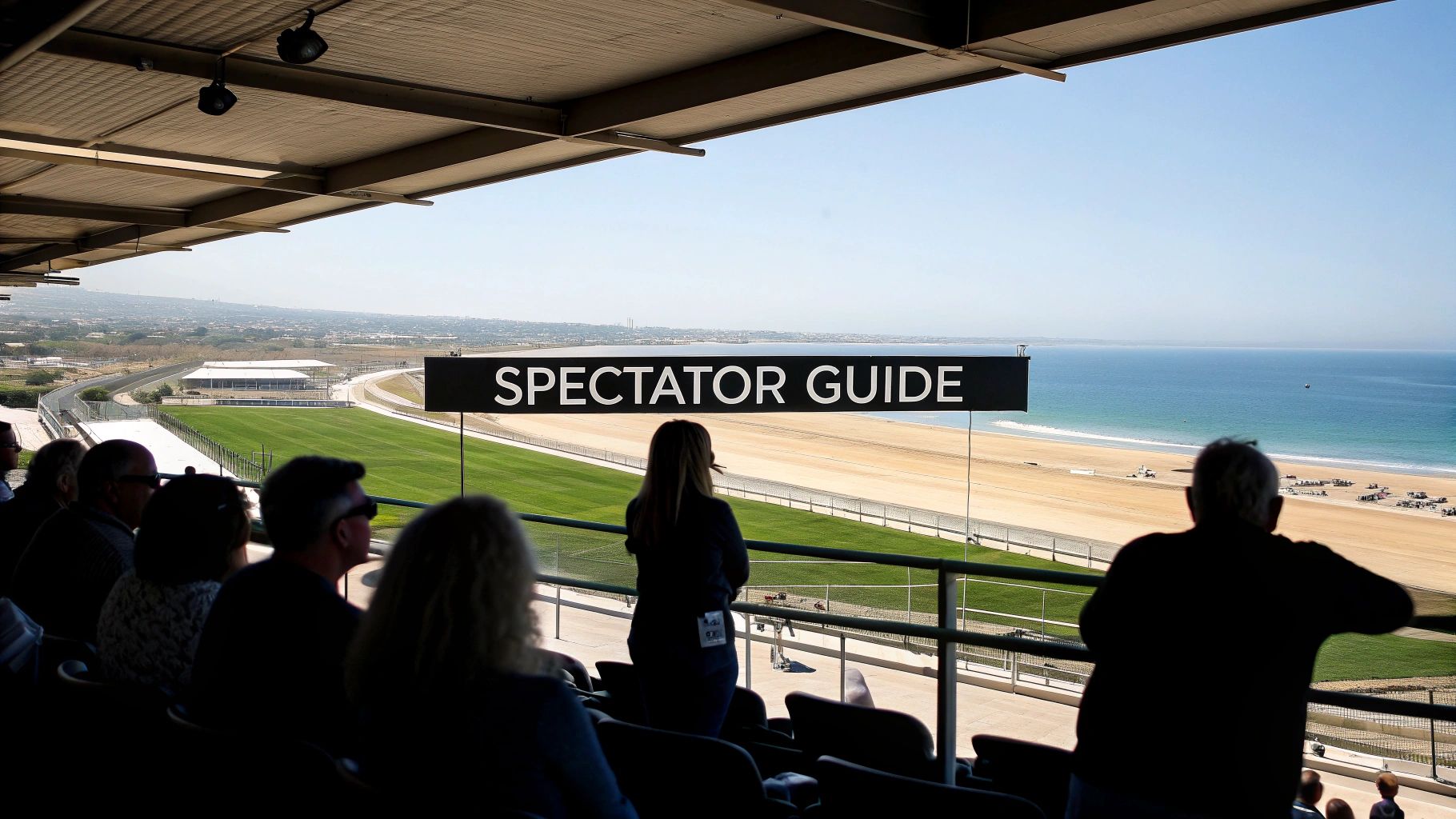 From a grandstand, people watch a race track, beach, and ocean under a 'SPECTATOR GUIDE' sign.