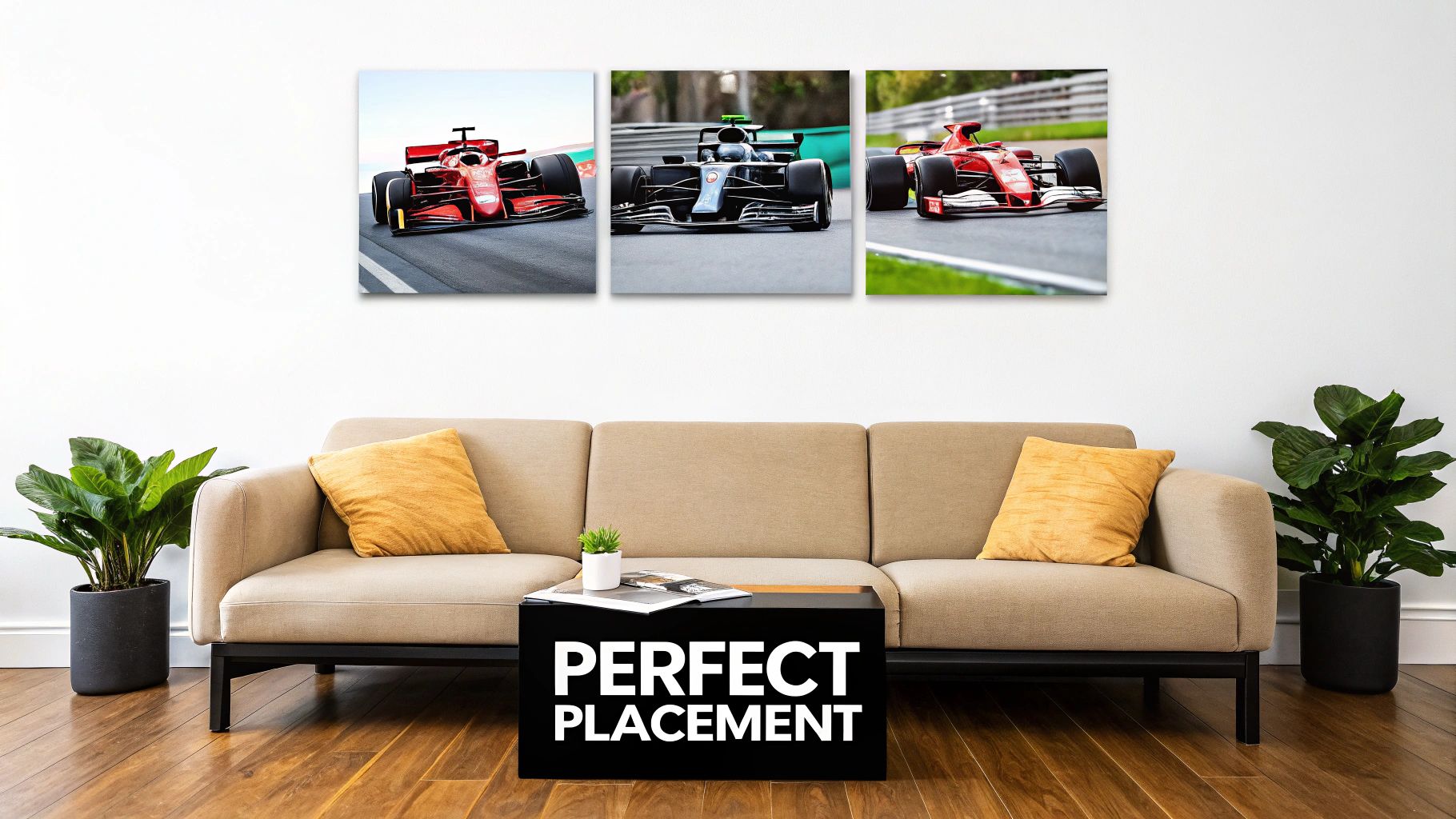 Three Formula 1 car canvas prints displayed above a beige sofa with potted plants and a coffee table.