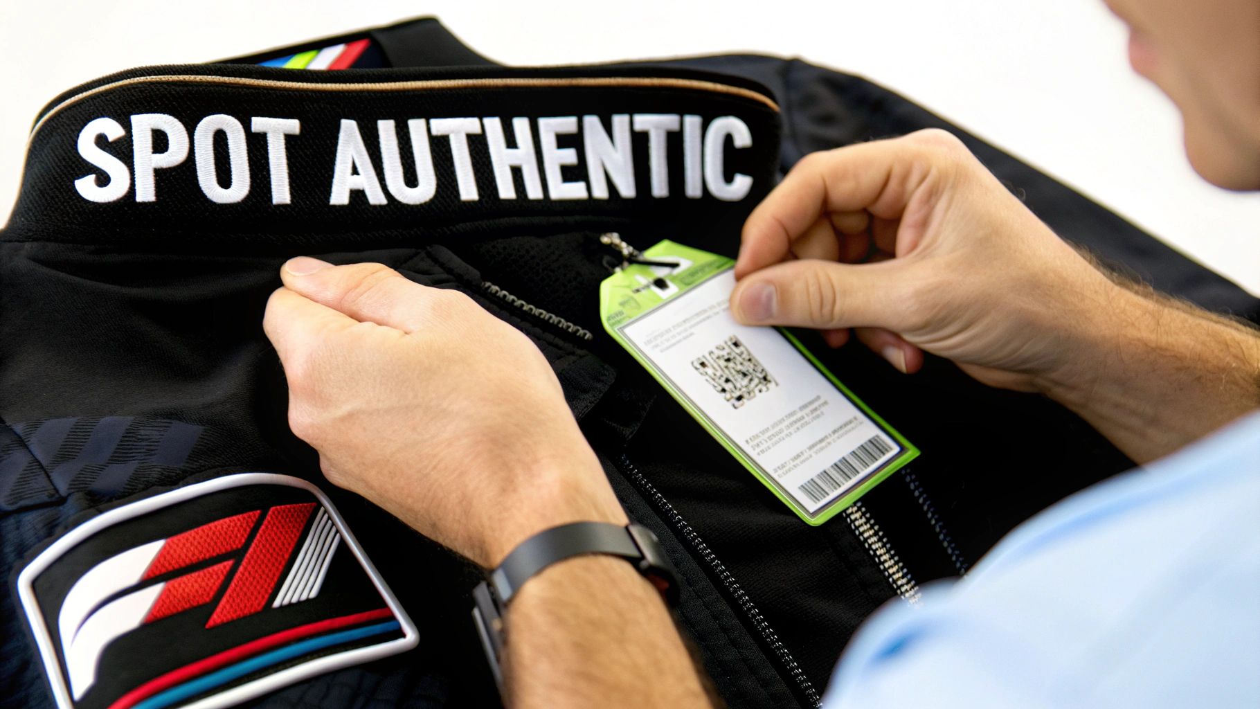 Close-up of hands holding a black Formula 1 jacket with 'SPOT AUTHENTIC' collar and an authenticity tag.