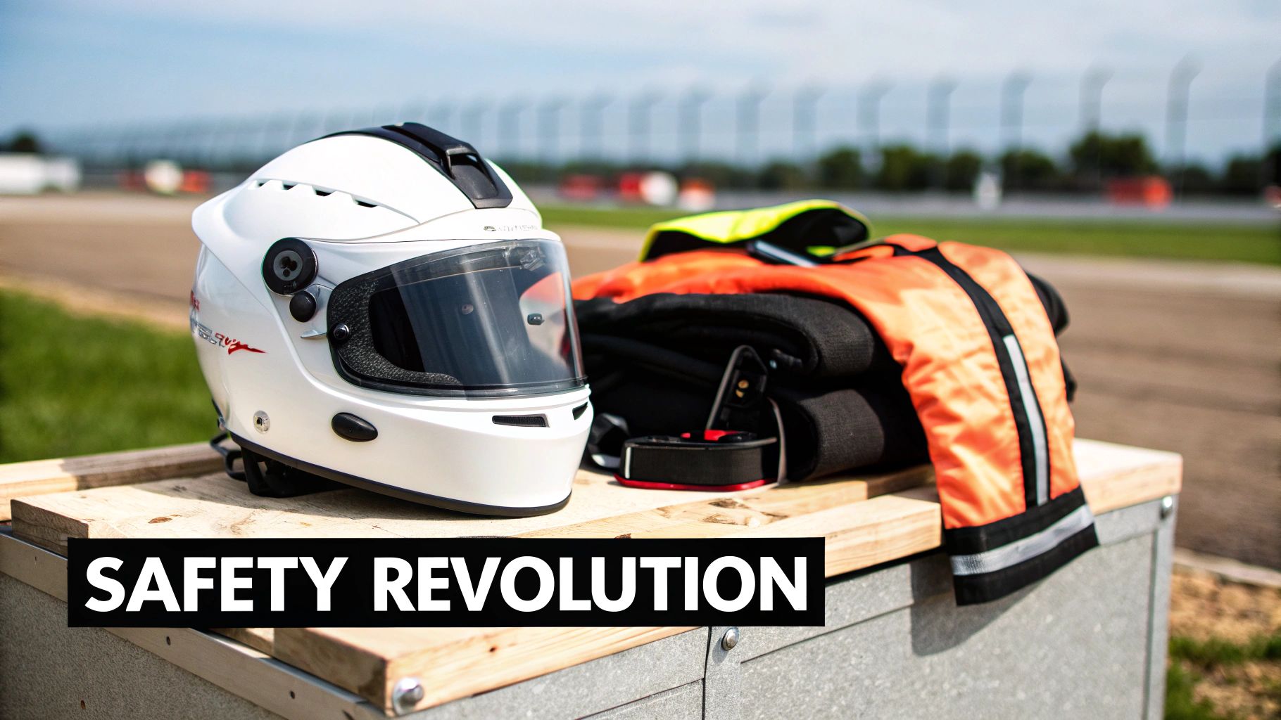 White racing helmet and orange safety gear sit on a box beside a blurred race track.