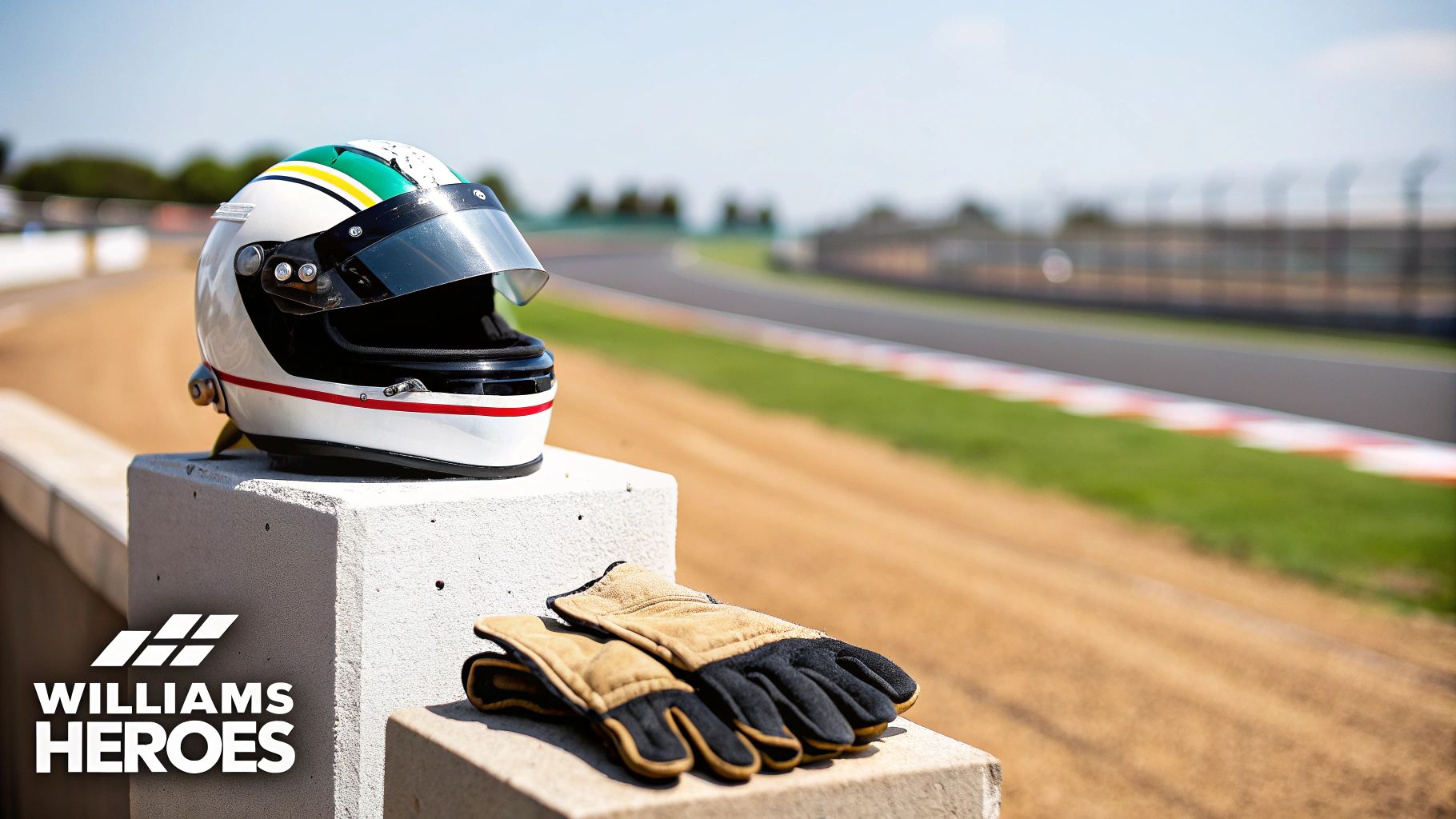 A classic racing helmet with green, yellow, and red stripes, and driving gloves on a barrier beside a blurred race track.