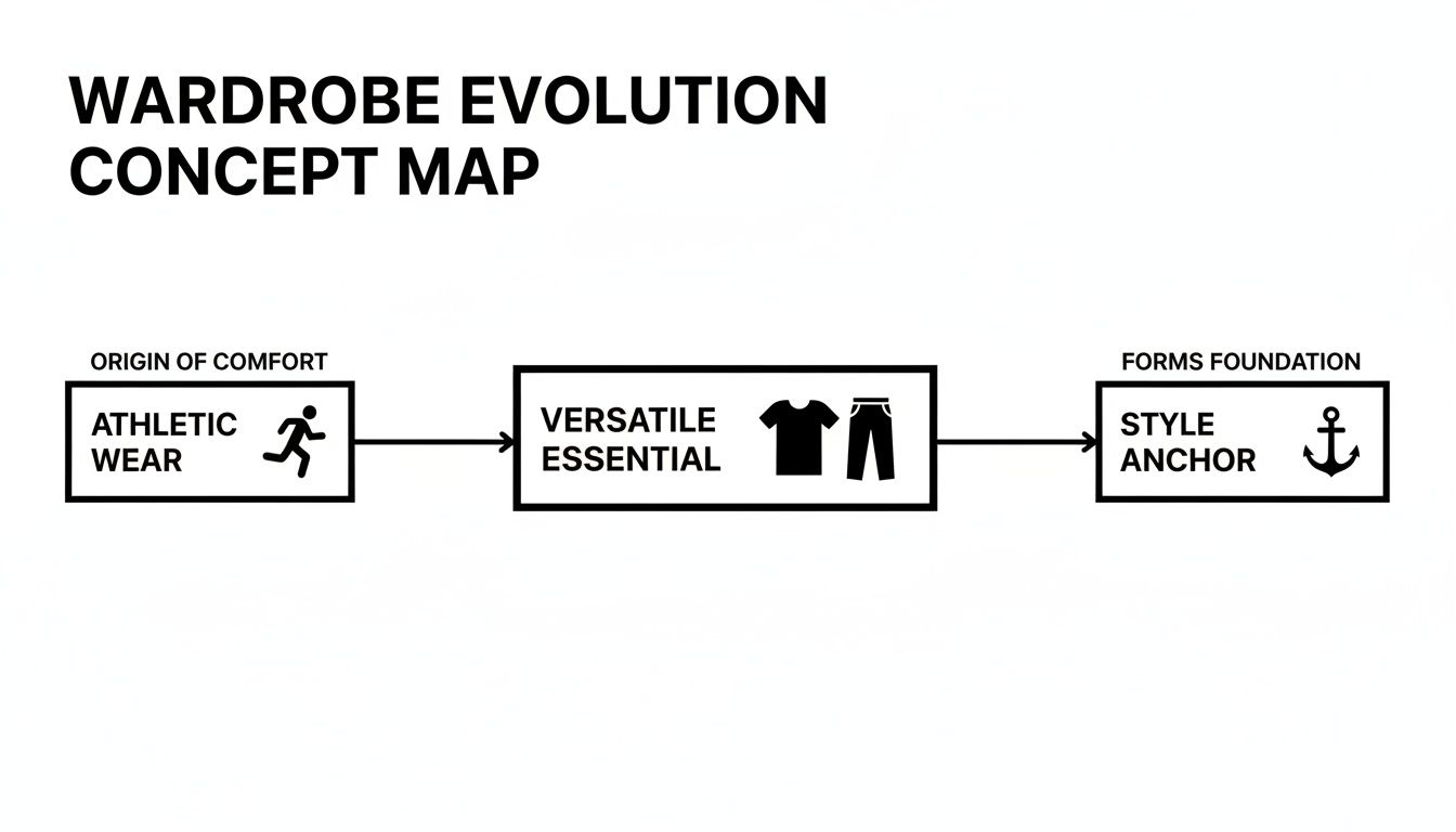 A concept map showing the wardrobe evolution from athletic wear to versatile essentials and style anchors.