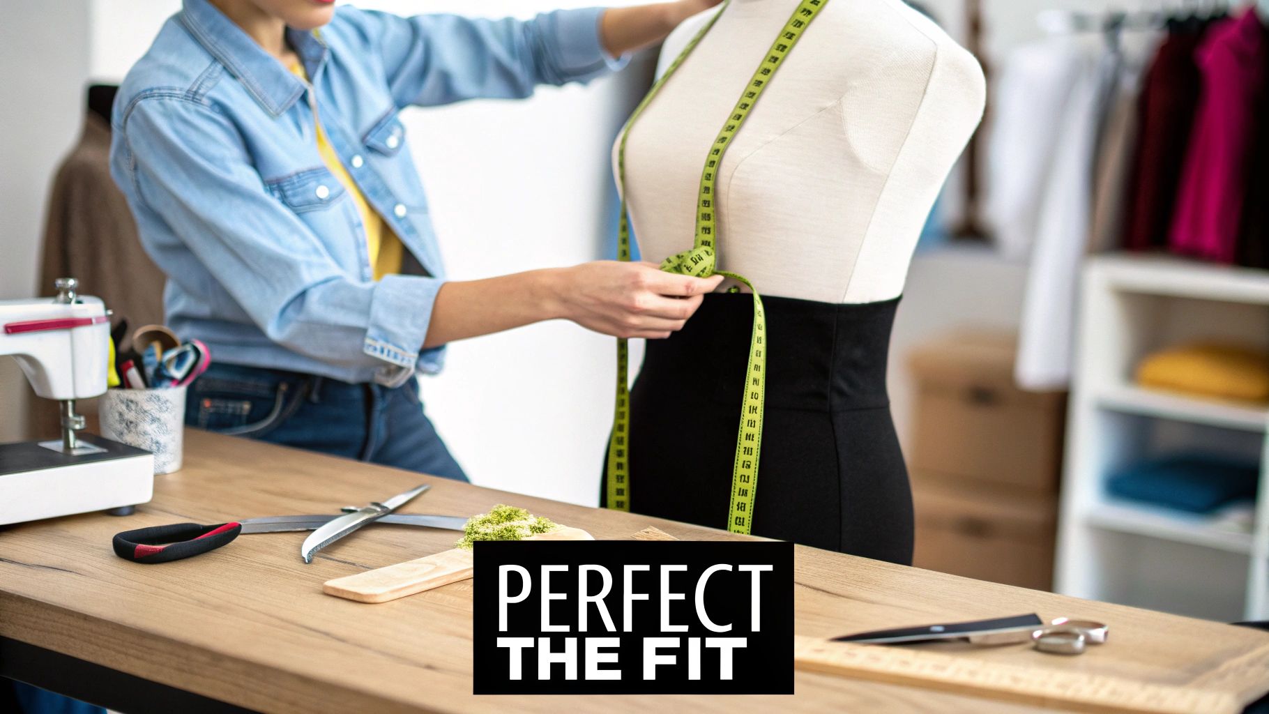 A tailor precisely measures a dress form with a tape measure to perfect the fit of clothing.