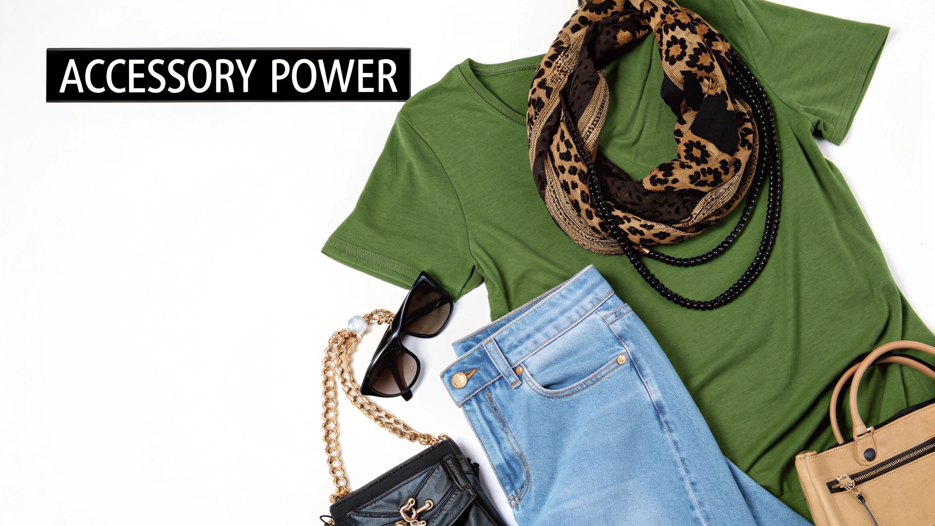 A stylish women's flat lay outfit featuring an olive green t-shirt, blue jeans, and various accessories.