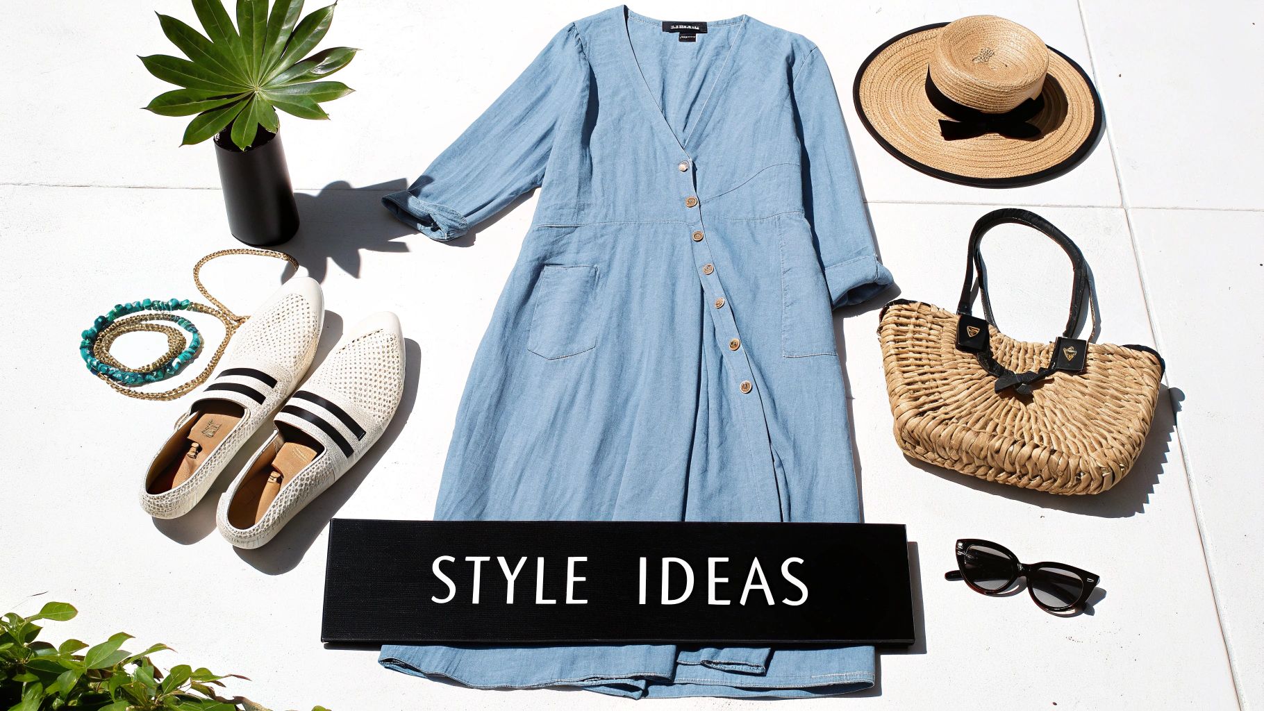 A flat lay of a blue linen dress, white espadrille shoes, straw hat, and wicker bag.