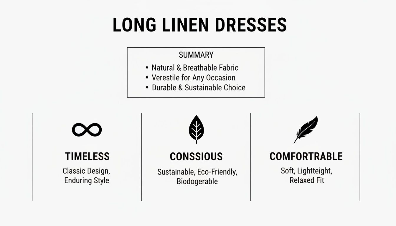 Infographic detailing the timeless, conscious, and comfortable features of long linen dresses.