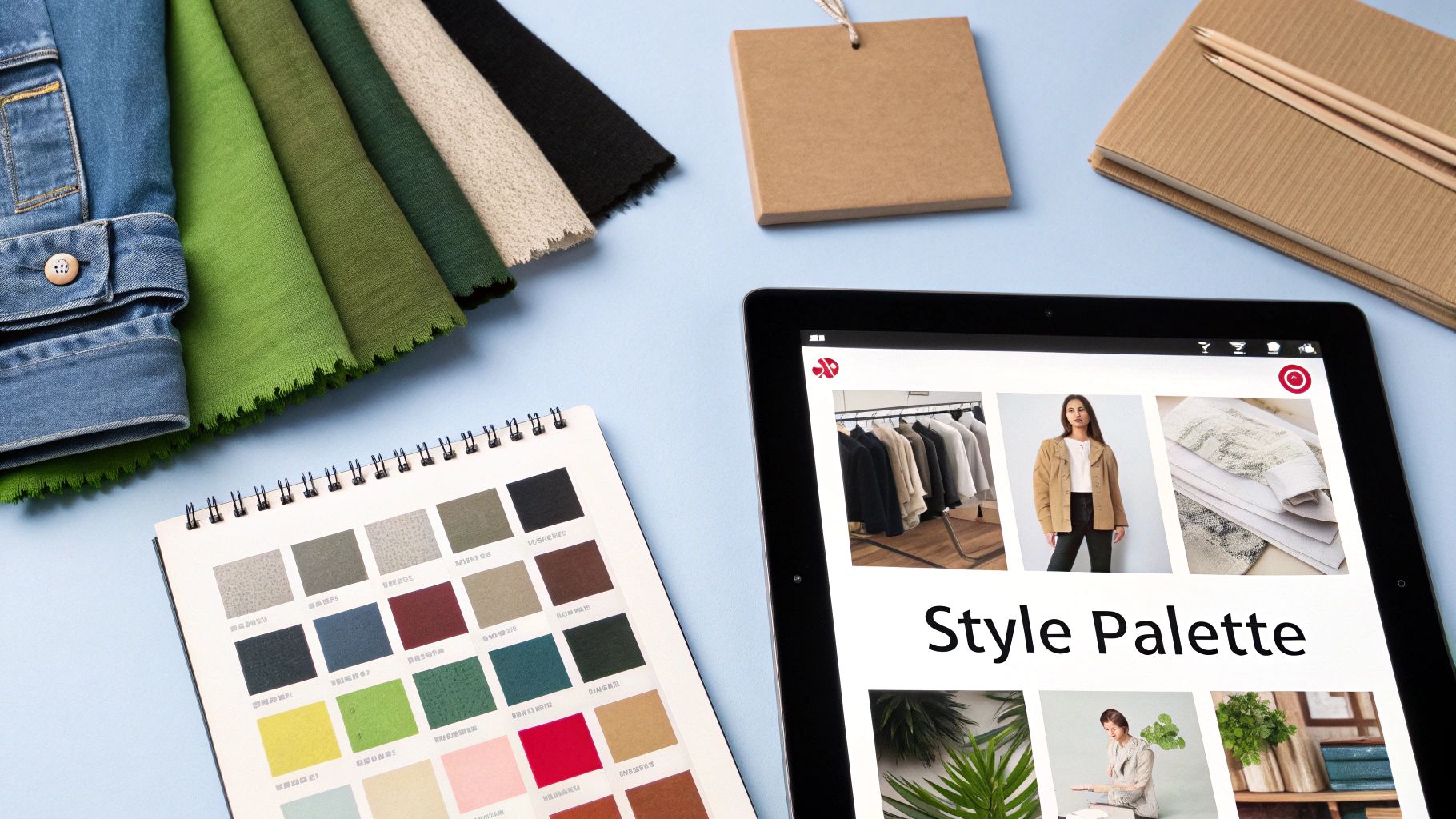 A flat lay showcasing fashion design elements with fabric swatches, a color palette book, and a tablet displaying 'Style Palette'.
