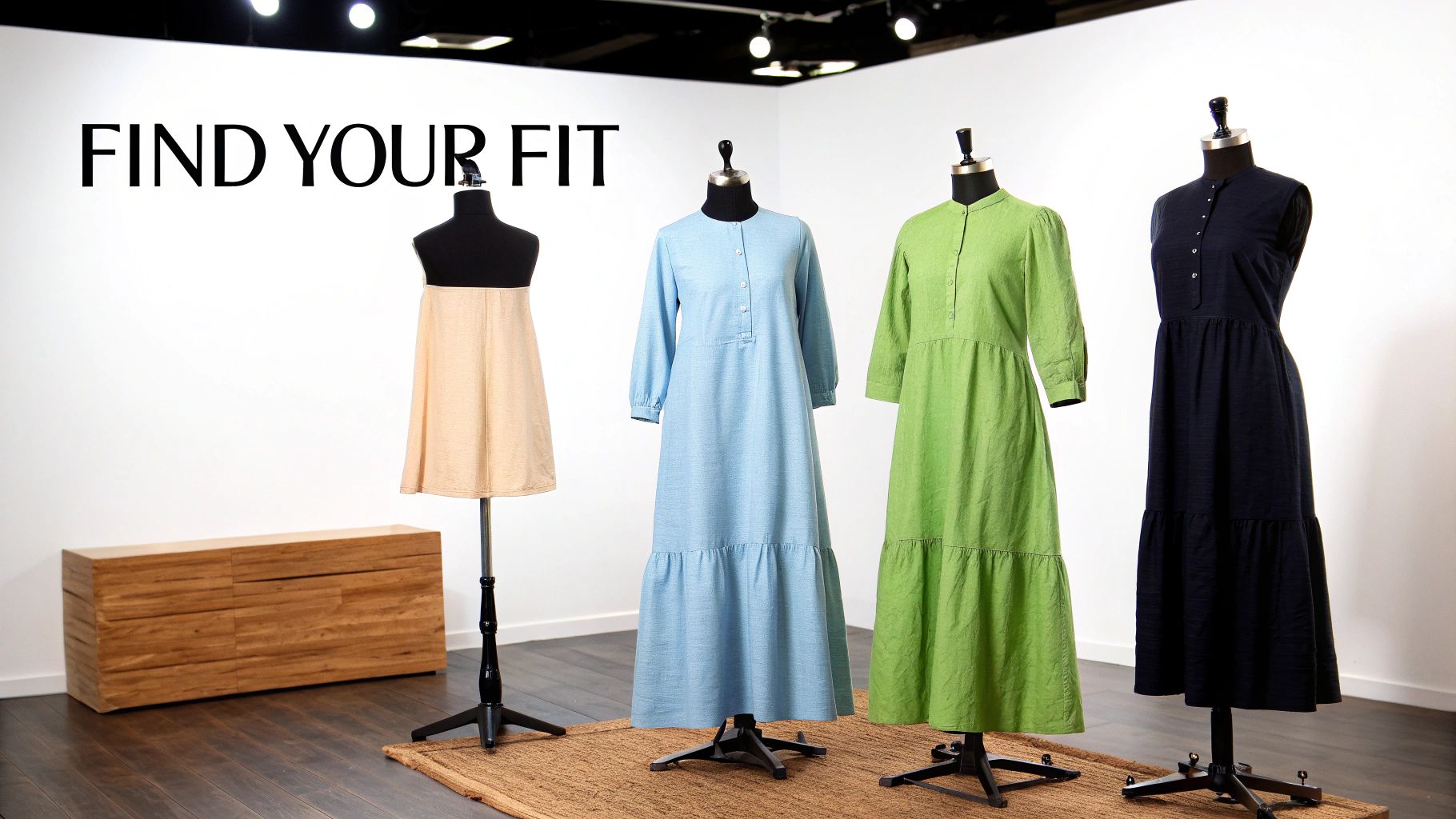 Four mannequins display long linen dresses in various colors with a 'FIND YOUR FIT' sign.