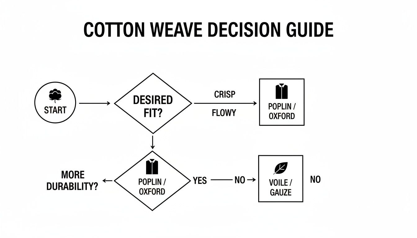 A cotton weave decision guide flowchart for selecting fabrics based on desired crispness, flow, and durability.