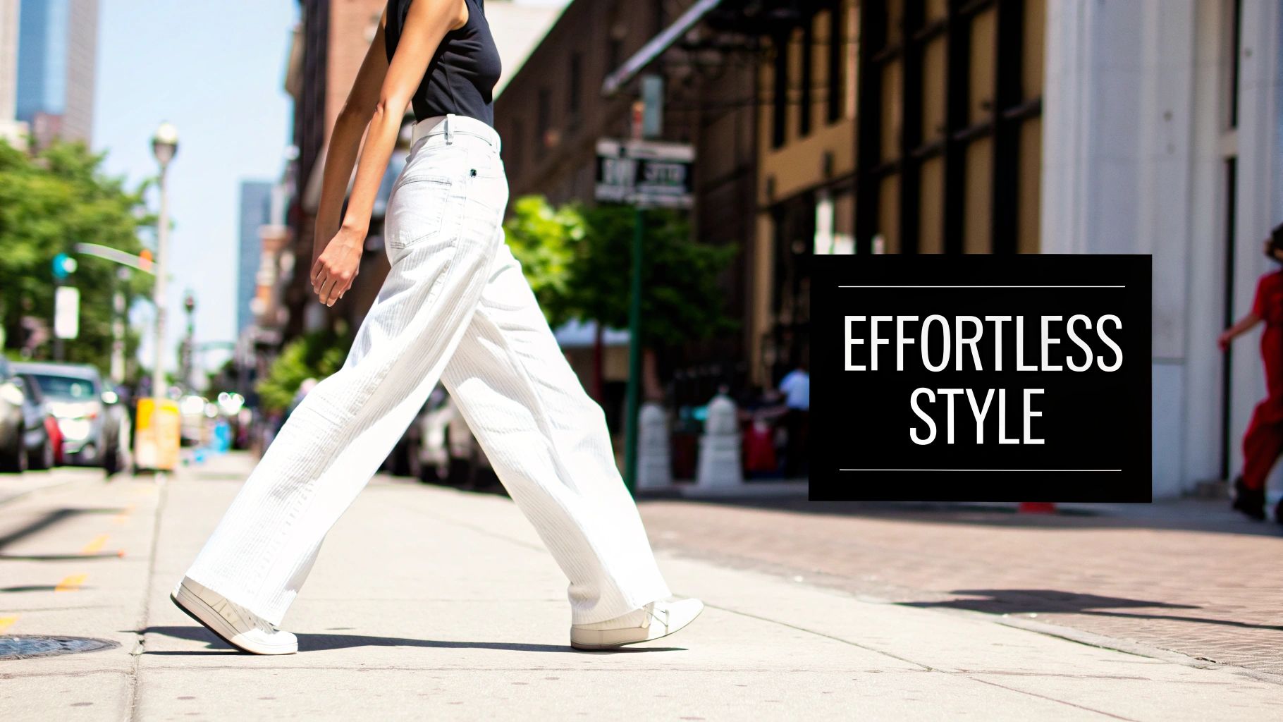 A person in white-leg pants and a black top walks confidently on an urban sidewalk.