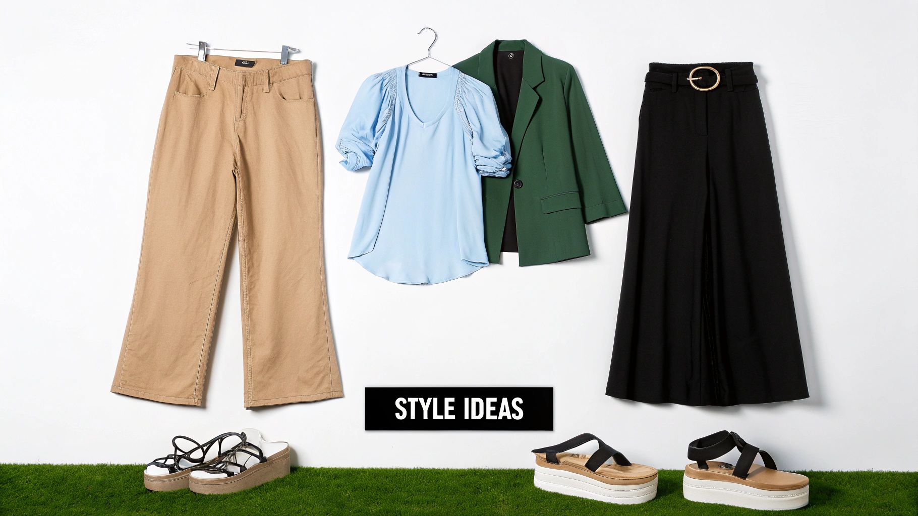 Stylish outfit ideas with wide-leg pants, blazers, tops, and platform sandals on a white background.