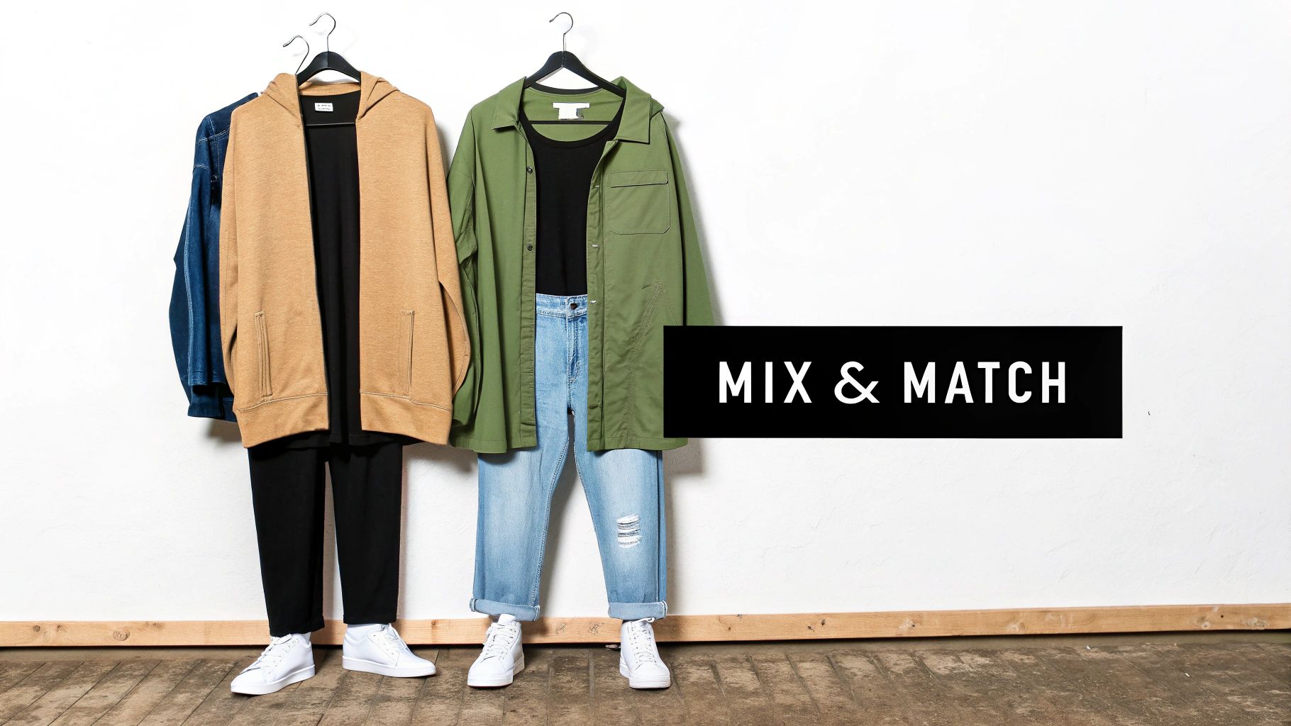 Two casual outfits, a beige hoodie with black pants and a green jacket with ripped jeans, displayed for mix and match.