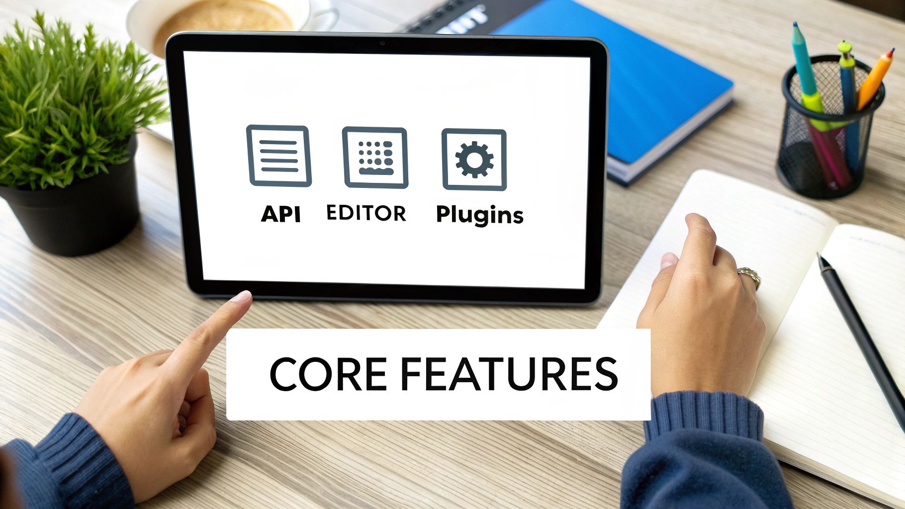 Developer evaluating features on a screen, representing the selection of a Node JS CMS