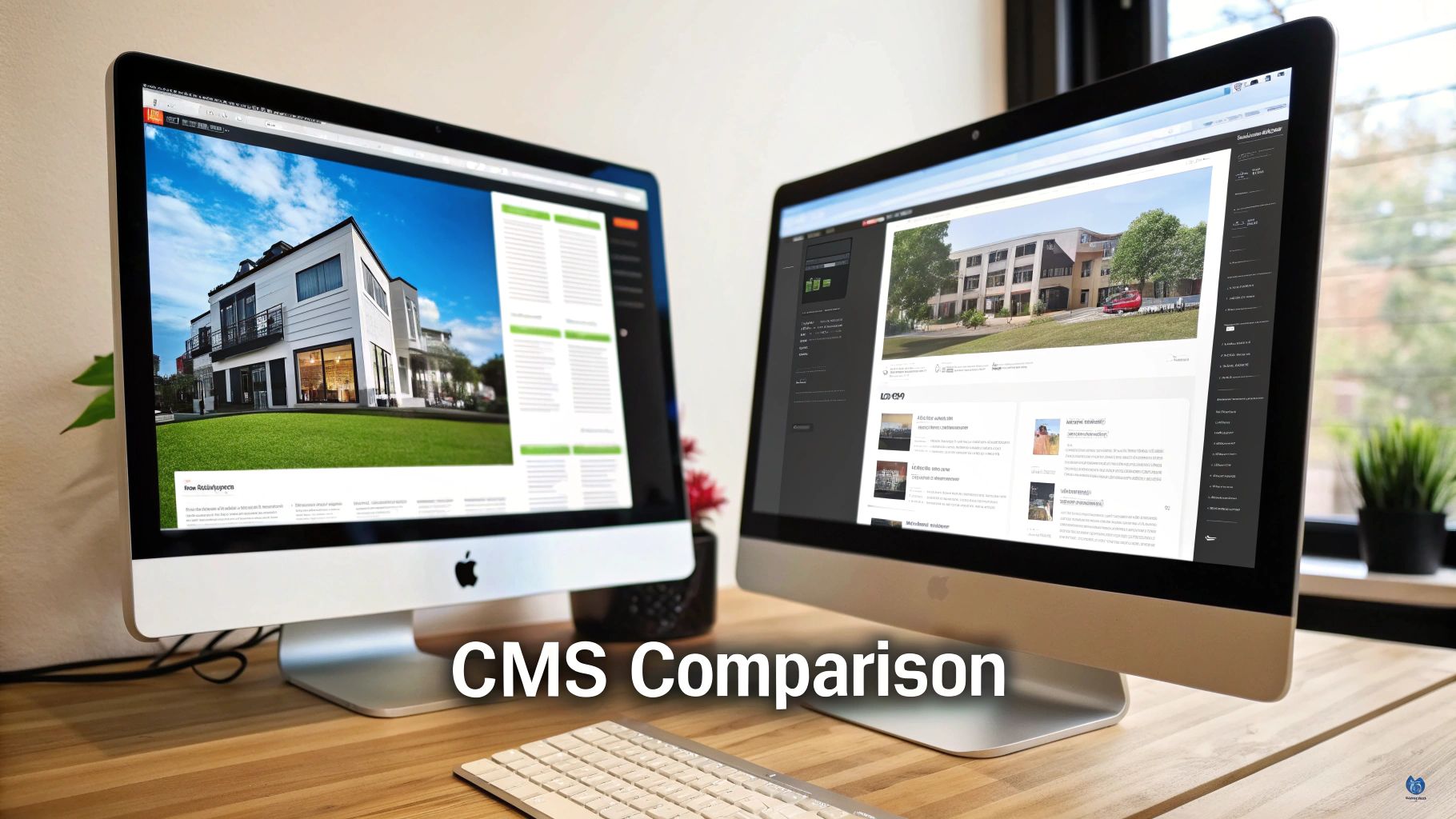 A split-screen view showing the admin interfaces of different CMS platforms being compared.