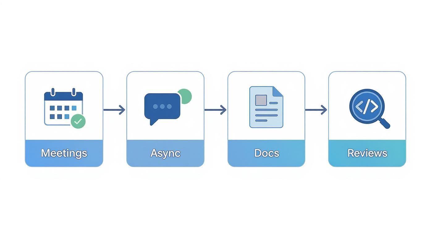 Infographic showing a process flow for team collaboration with steps for Meetings, Async Communication, Documentation, and Reviews.