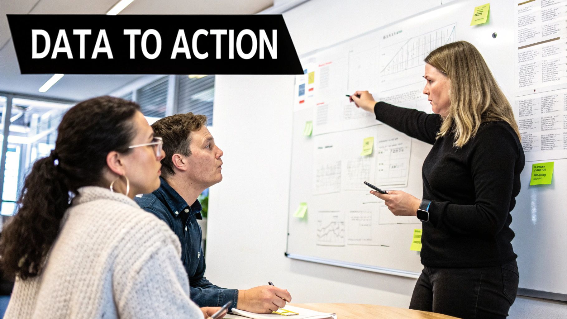 A person at a desk with sticky notes and charts on the wall, strategically planning and optimizing content based on performance data.