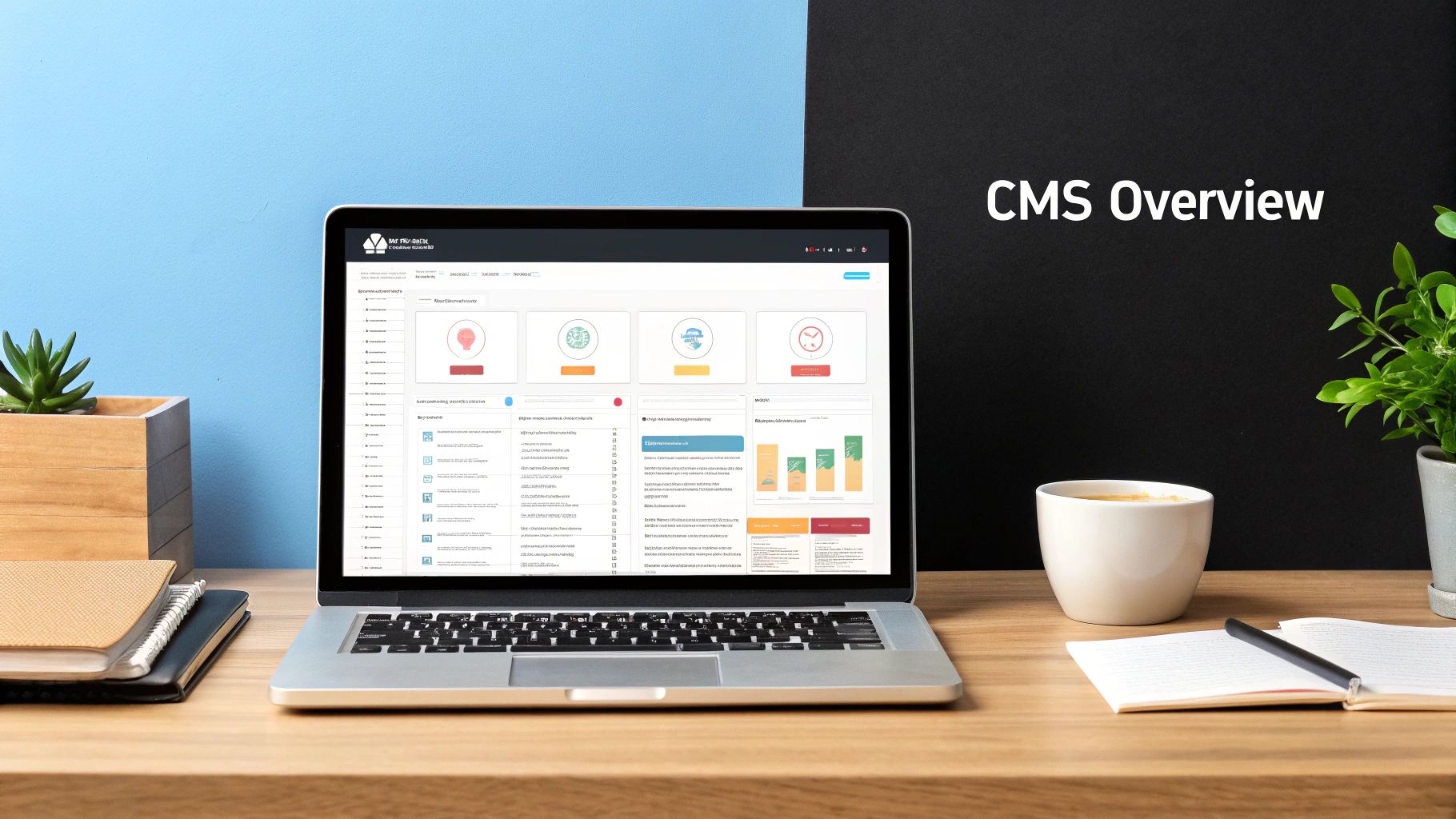 A person at a desk with multiple screens displaying website designs and code, representing the foundational choice of a CMS.
