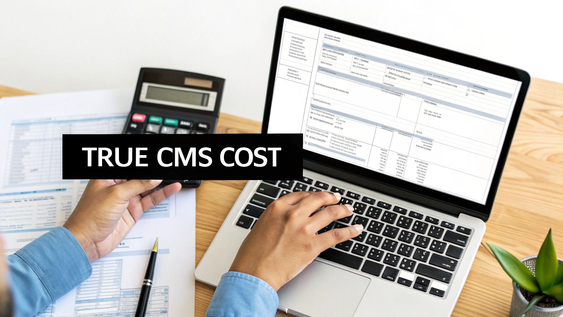 A person using a calculator with charts and graphs in the background, representing the hidden costs of a CMS.