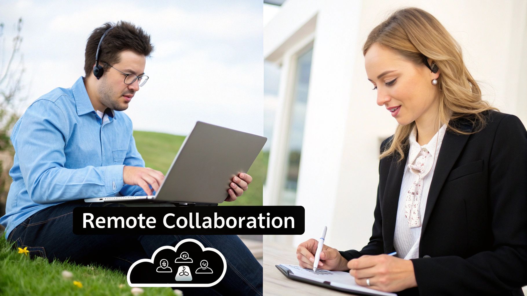 A diverse team collaborates on a project using cloud-based tools on their laptops and tablets in a modern, open-concept office space.
