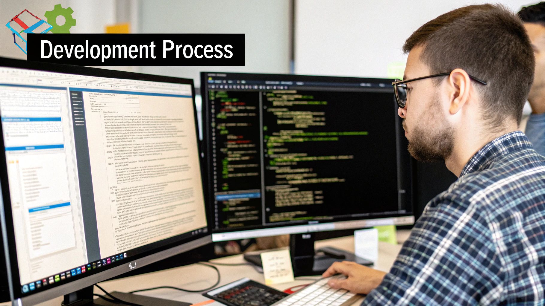 A project timeline with key development phases like 'Discovery' and 'Launch' is displayed on a screen.