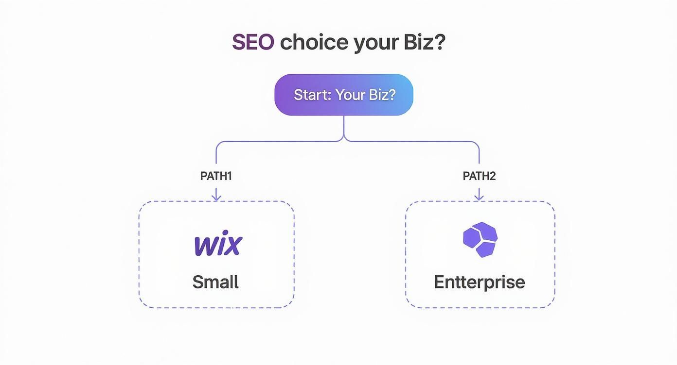 Infographic decision tree showing a path for small businesses leading to the Wix logo and a path for enterprise-level businesses leading to the Drupal logo.