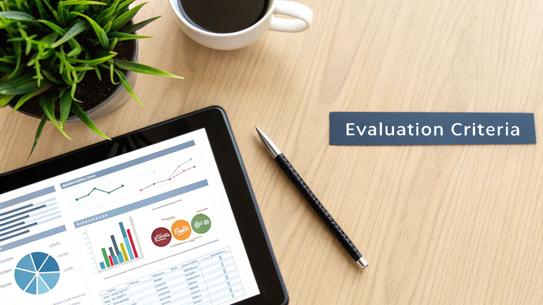 A checklist on a digital tablet with criteria like Ease of use, Scalability, and Cost, symbolizing a structured evaluation process.