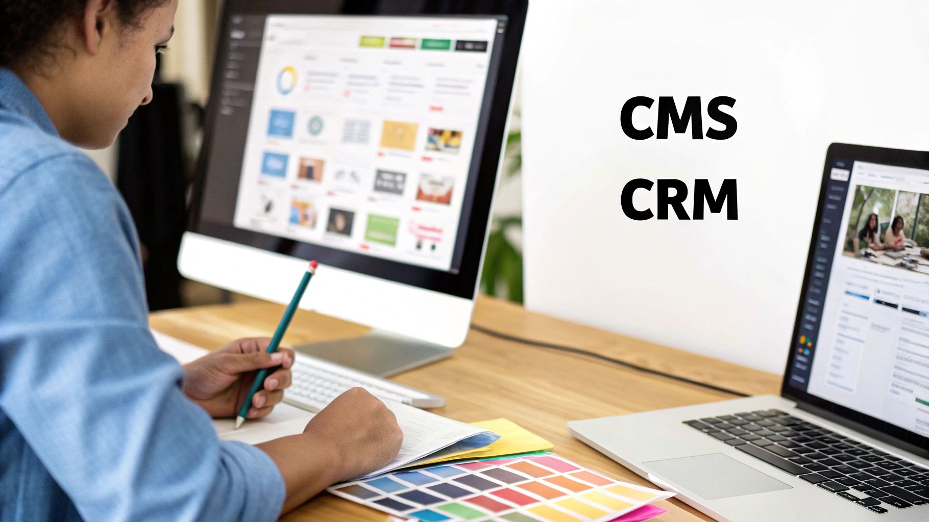 A person managing content on a computer, with customer relationship icons in the background, illustrating the connection between CMS and CRM