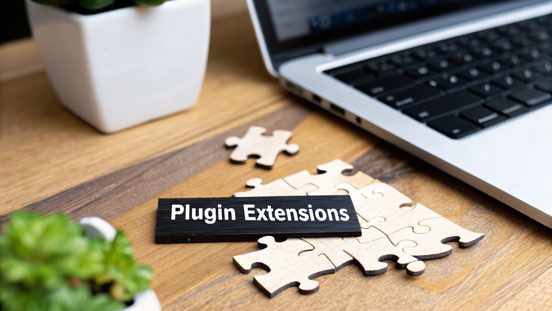 A person using a laptop with icons representing website plugins and integrations floating around it.