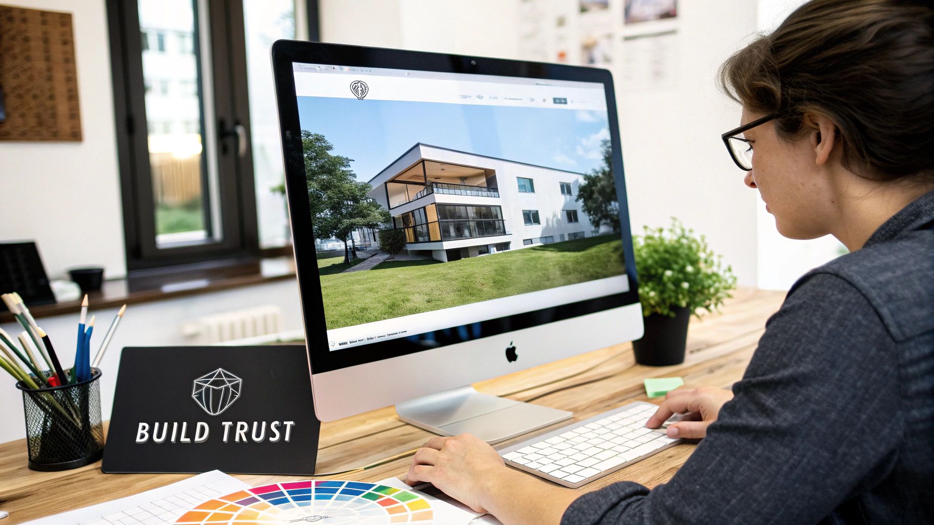 A woman is designing a blog theme on her laptop, with a professional and clean user interface in the background.