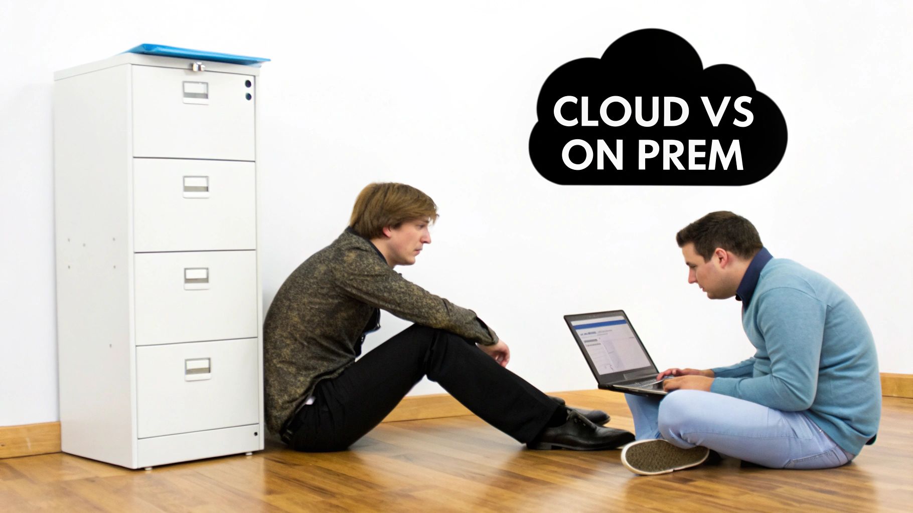 A team collaborating around a digital cloud interface, symbolizing a cloud based content management system