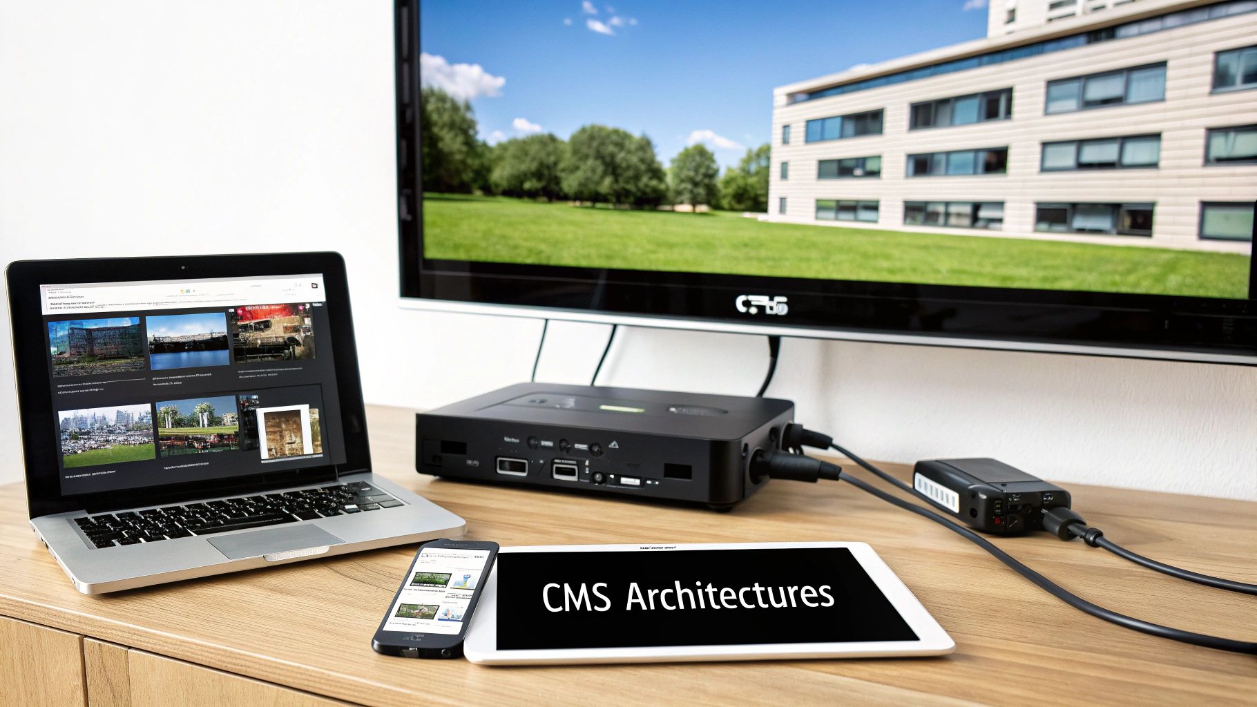 Diagram showing interconnected devices representing different CMS architectures.
