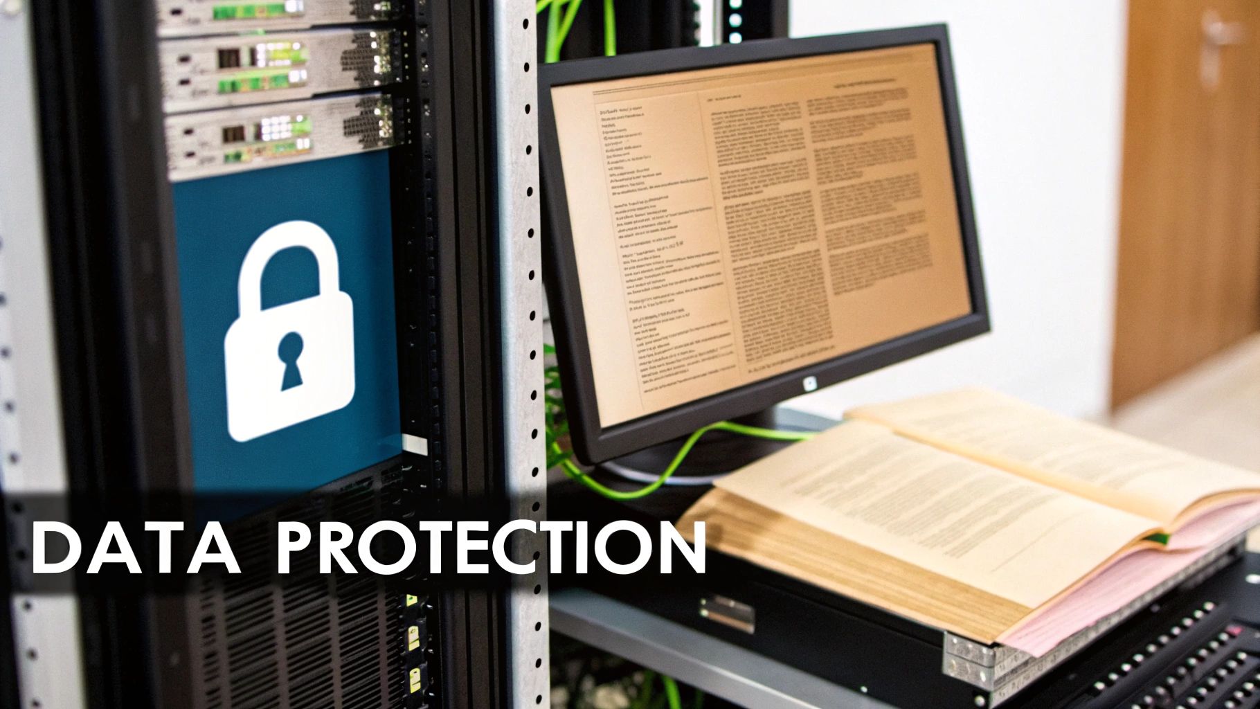 A digital padlock icon overlaid on a website interface, representing website security and legal protection.