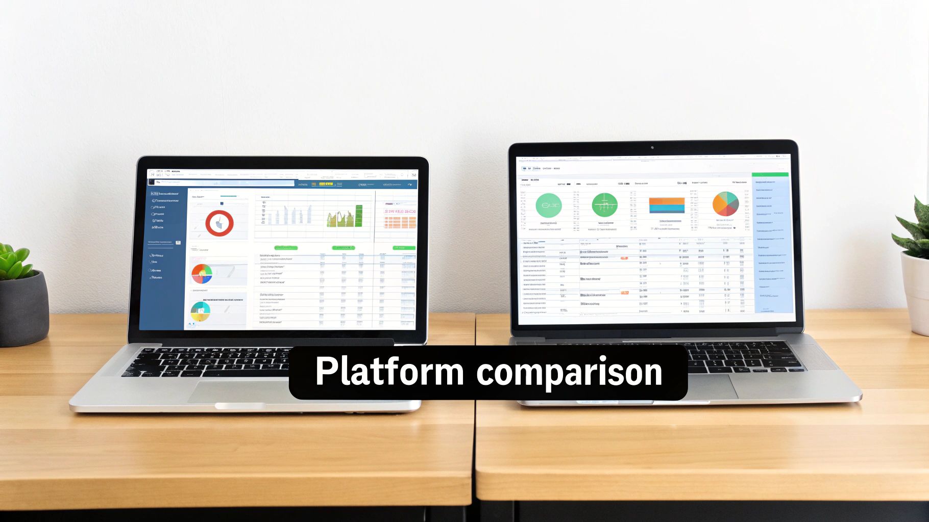 A creative workspace showing laptops with different CMS interfaces, symbolizing a direct comparison of platforms.