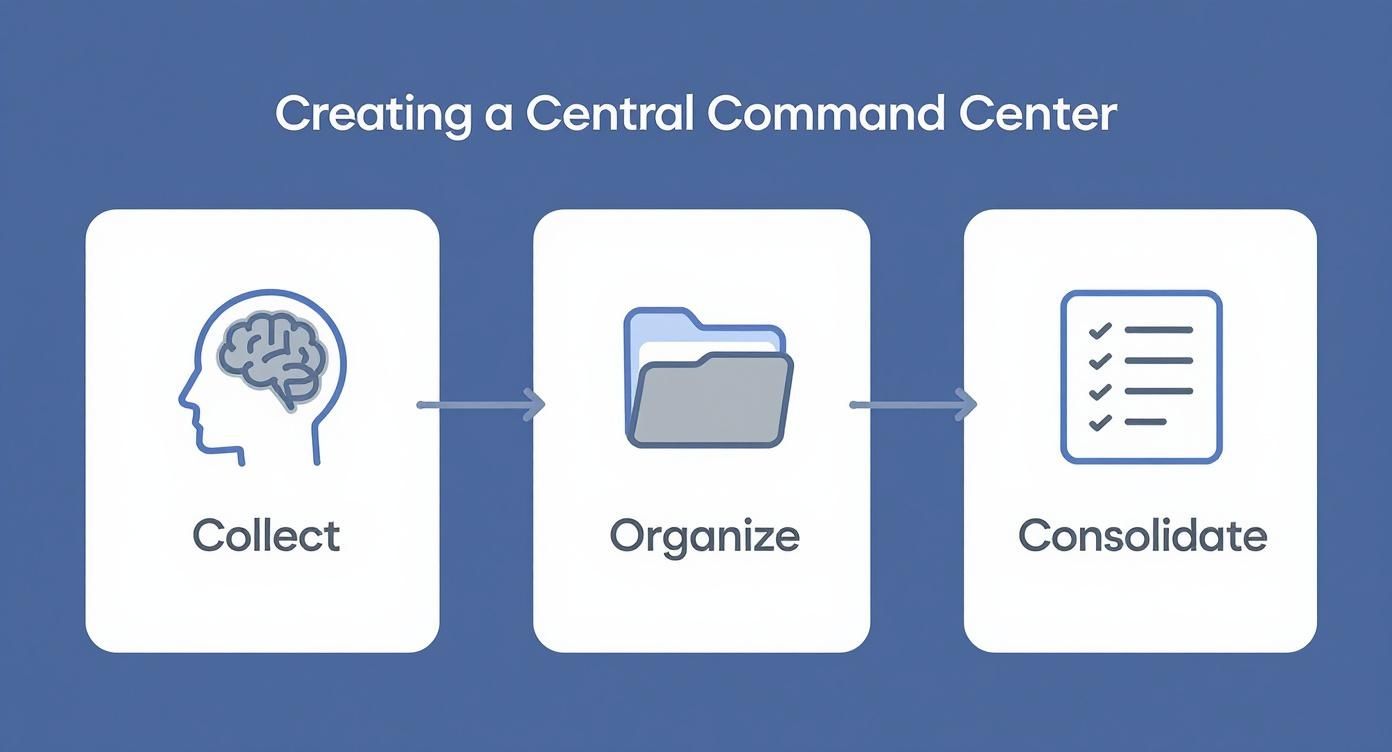 Infographic showing the process of collecting, organizing, and consolidating project tasks into a central command center.